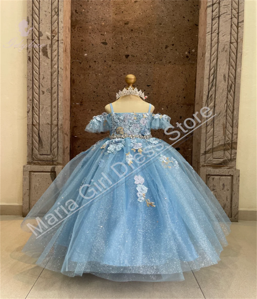 Communion Dresses Light Blue Flower Girl Dress With Fluffy Design Thin Shoulder Straps Lace Appliques Suitable For Children's