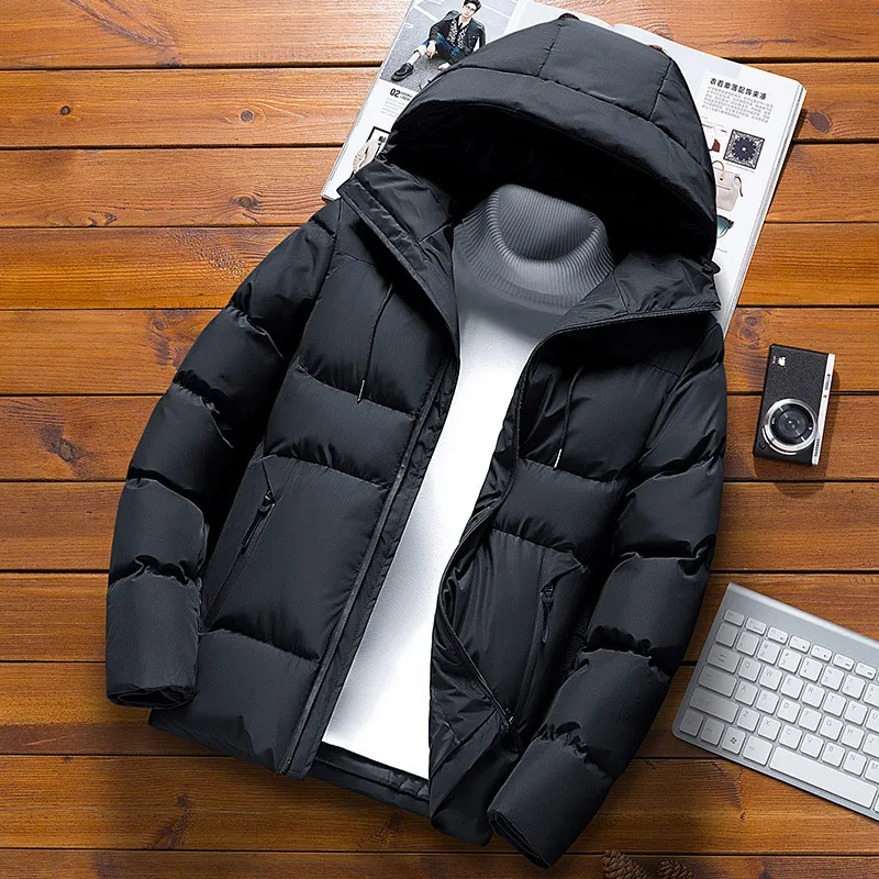 Spring Autumn and Winter Leisure Commuting Pure Color Korean Version Thick Hooded Long Sleeved Cotton Jacket Coat for Men