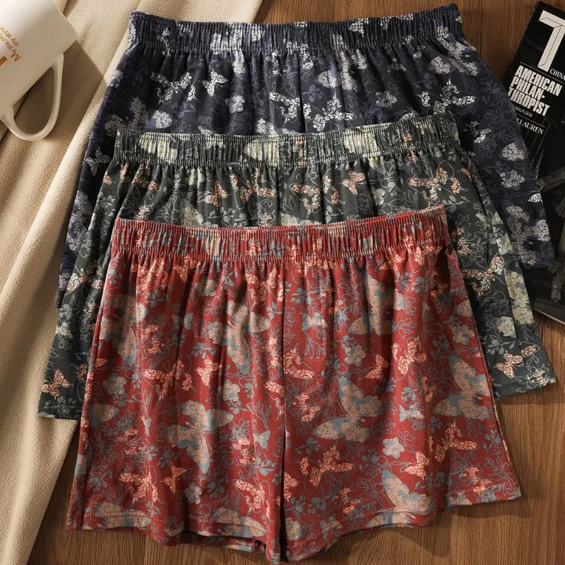 New American-Style Cotton Men's Arrow Pants with Butterfly Print, Loose Home Shorts, Mid-Rise, Soft and Comfortable, Plus-Size