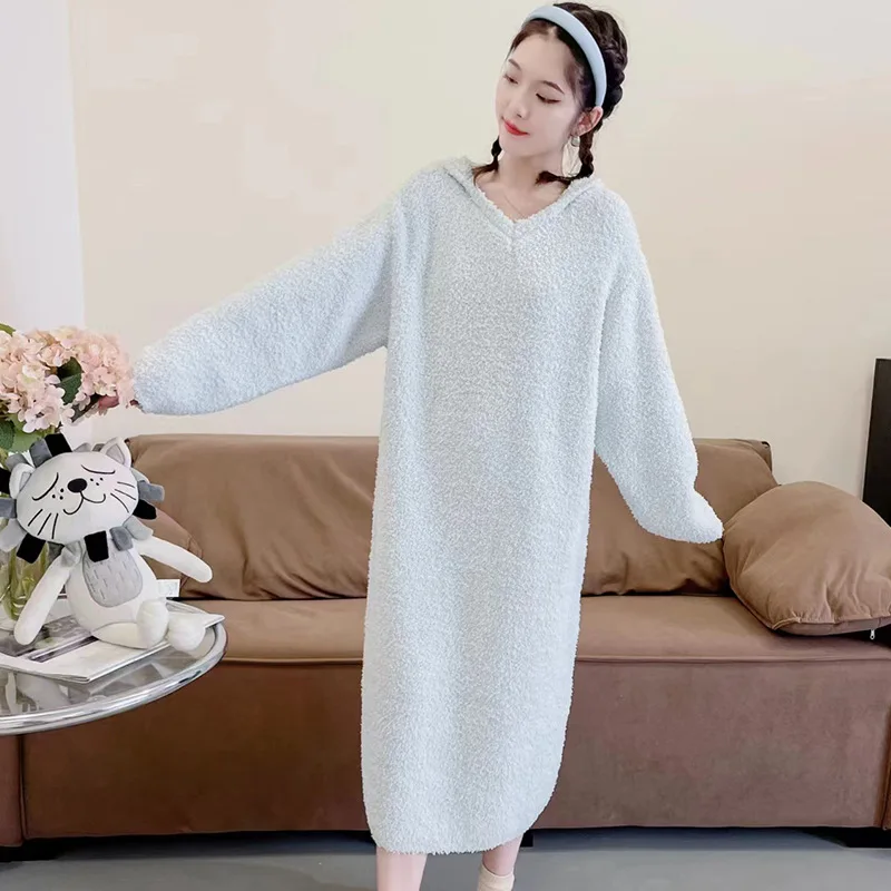 Women Warm Flannel Long Hooded Bathrobe Loose Women Winter Thick Coral Fleece Bath Robe Cozy Dressing Gown Spa Bride Sleepwear