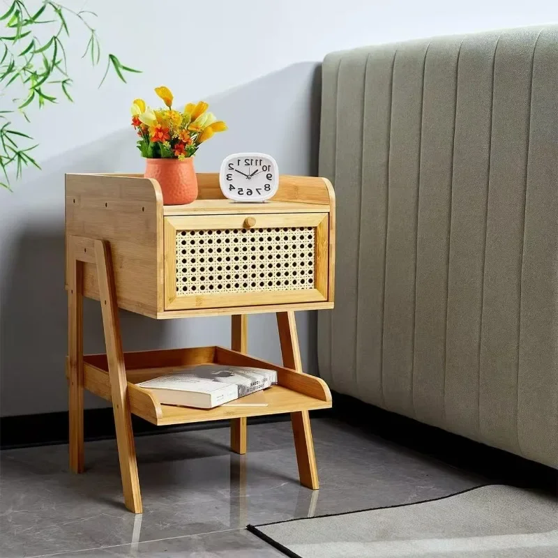 Bamboo rattan bedside table narrow table storage rack bedroom fabric drawer bedside household bedroom bedside table