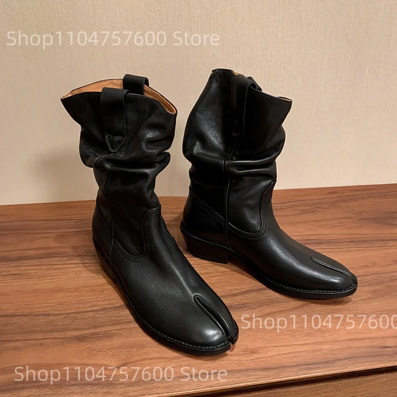 Women's Leather Slouchy Mid Calf Boots Split Tabi Toe Botas Slouchy Design Autumn Trendy Casual Retro Ladies Cowgirl Booties