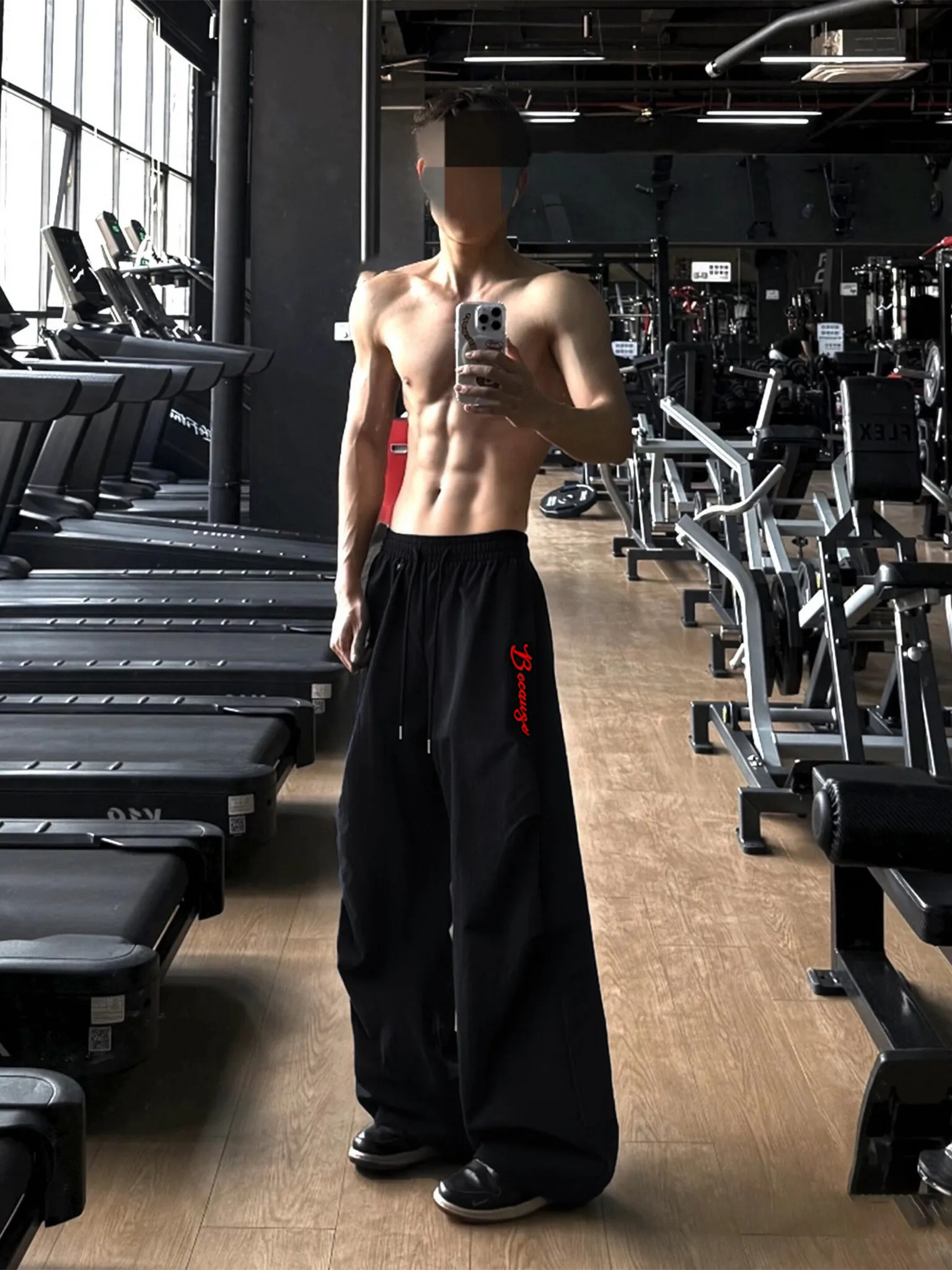 Black American Embroidery Fitness Pants Men's Summer Thin Ice Silk Quick Dry Sports Loose Leggings Cleanfit Wide Leg Pants