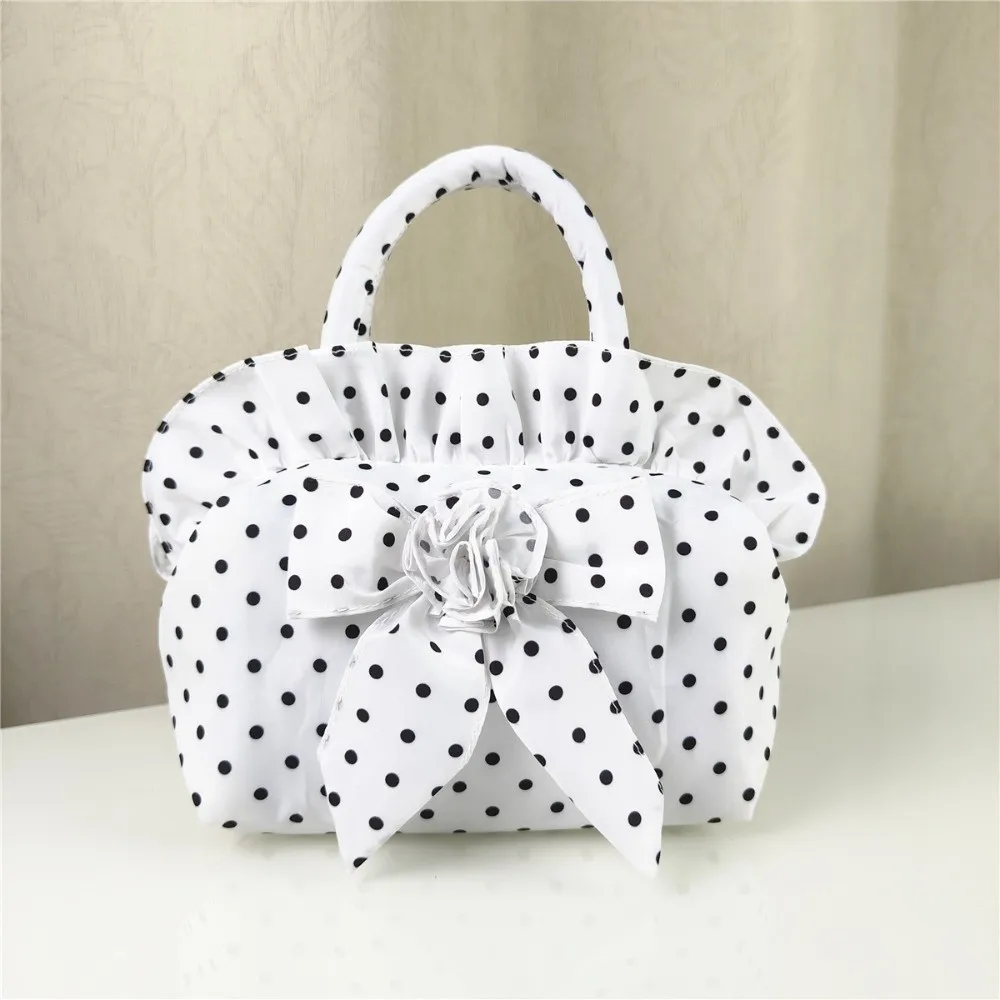 Evening With Zipper Bowknot Handbag Portable Casua Nylon Top Handle Handbag Lightweight Sweet Style Polka Dots Purse Summer