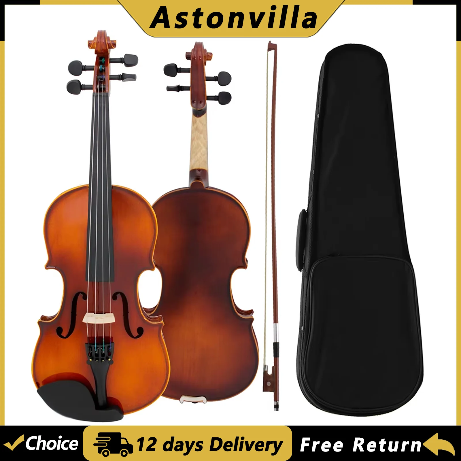 Astonvilla AV-04 Acoustic Violin 4/4 3/4 1/2 1/4 1/8 Maple Vintage Style Fiddle Stringed Instrument with Case Bow Accessoires