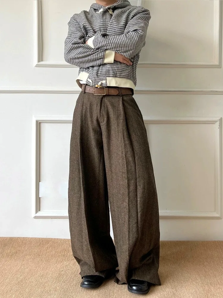 Cleanfit Casual Men's A-Line Long Pants Wool Blend Mid-Cuff Loose Fit Versatile Wide Leg High Waist Straight Tube Trousers