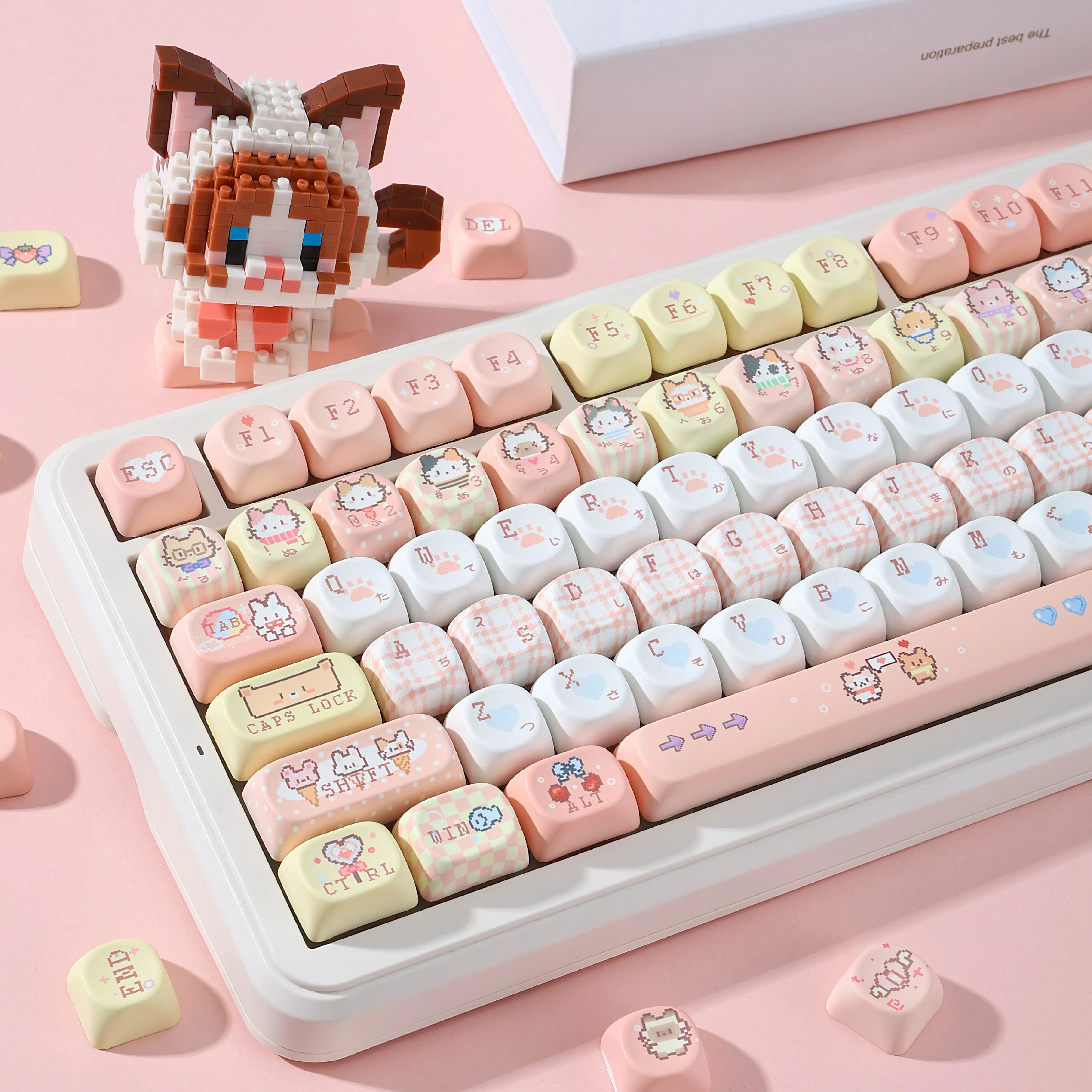 MAIMOOO Pixel Cat Cute Keycap MOA Profile PBT Dye Sublimation Kawaii Pink Kitten Keycaps for 68/75/87/98/104 Mechanical Keyboard