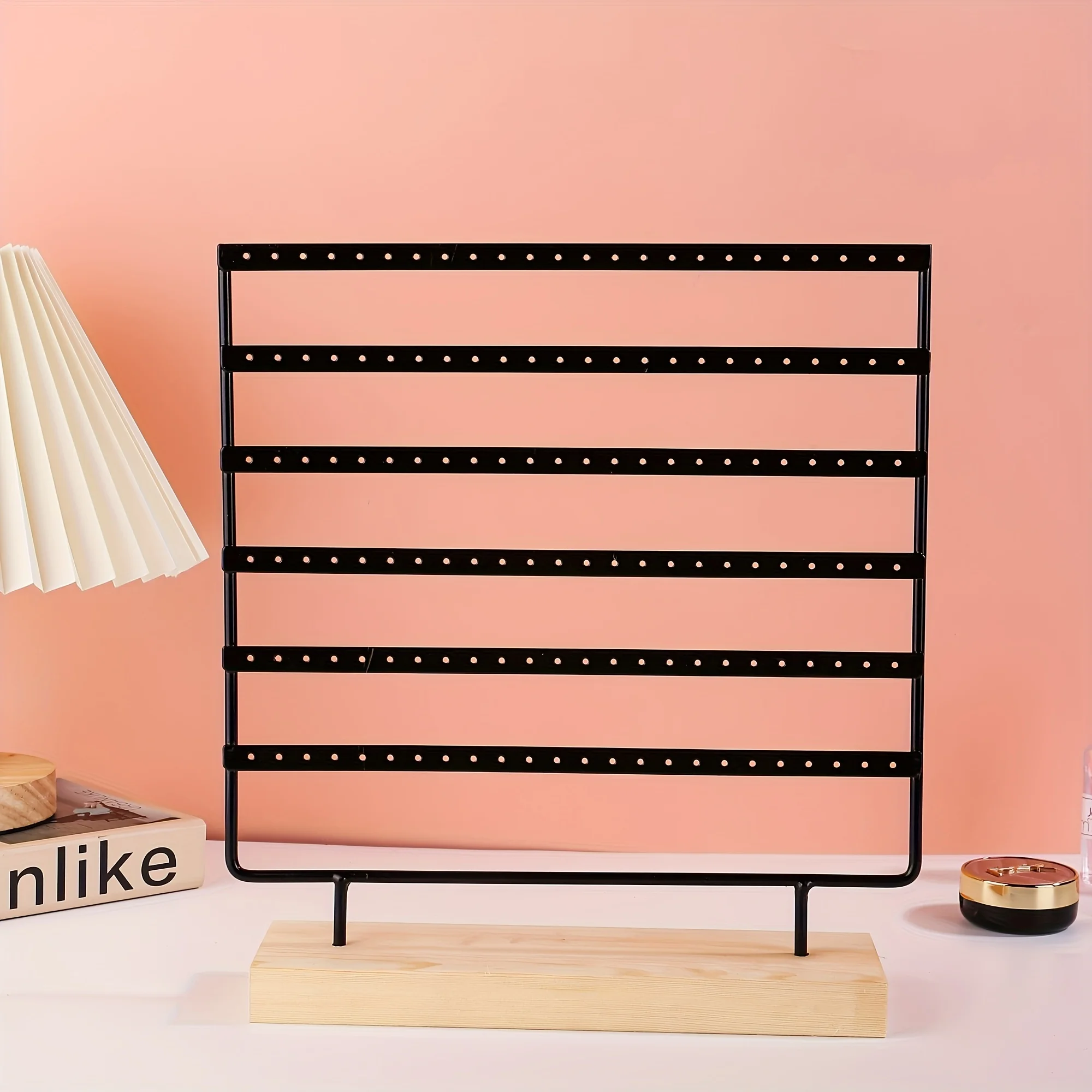 1pc Creative Iron Jewelry Display Stand with Solid Wood Base, Vertical Desktop Earring Holder for Home & Jewelry Store