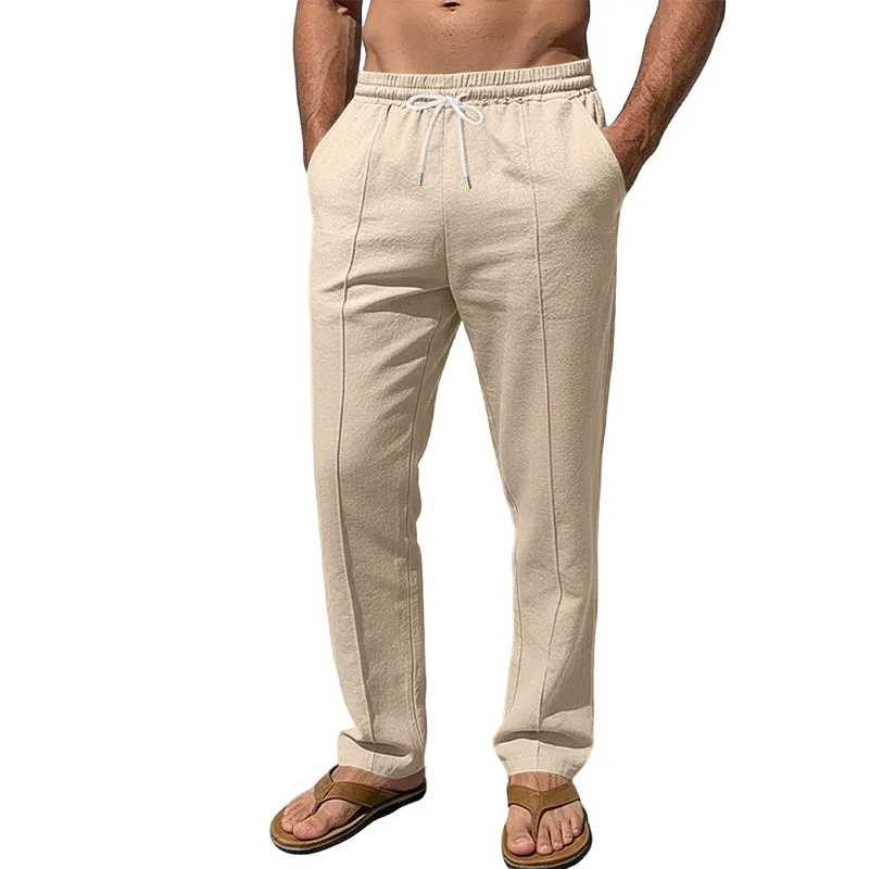 Men's Linen Drawstring Pants Elastic Waist Loose Straight Leg Breathable Casual Trousers