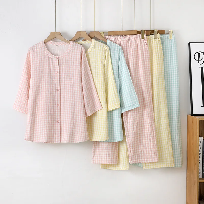 Women Sweet Cute Grid Nightwear 2 Pcs Shirt&pant Sexy Sleepwear Autumn Home Wear Baggy Thin Home Clothes Casual Comfy Pajamas