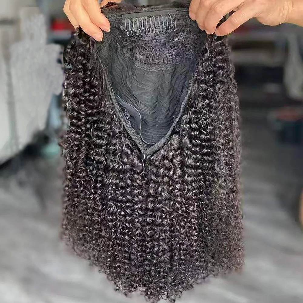 kinky Curly Half Wig 100% Human Hair 3 In 1 Half Wig Glueless Adjustable Drawstring Cap Beginner Friendly Natural Black Hair Wig