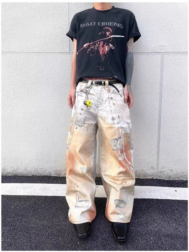 Men's Lace Chain Printed Light Colored Casual Pants Spring Street Style Cool Boy Sweatpants Male Personality High Waist Trousers