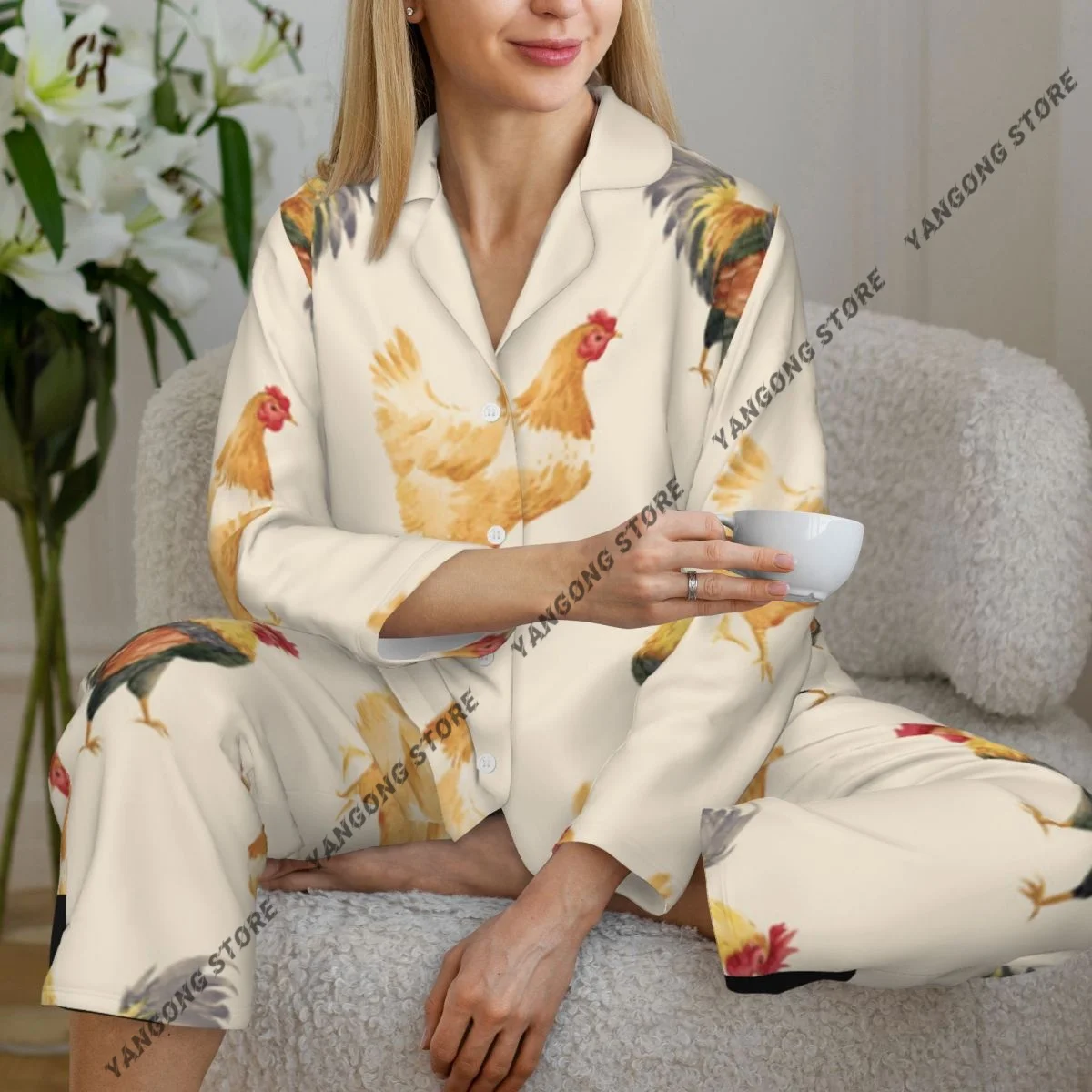 Women's Pajamas Long-sleeved Girl Loungewear Two-piece Set Watercolor Rooster Pattern Pajamas for Autumn Spring