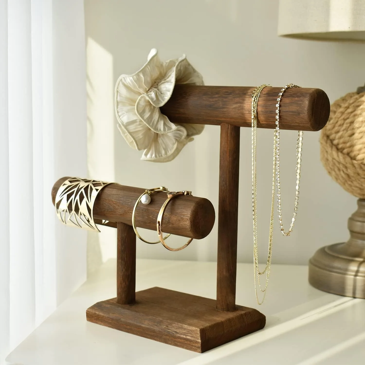 1pc 2-Tier Solid Wood T-Bar Bracelet Holder, Desktop Jewelry Display Stand for Bangles and Watches