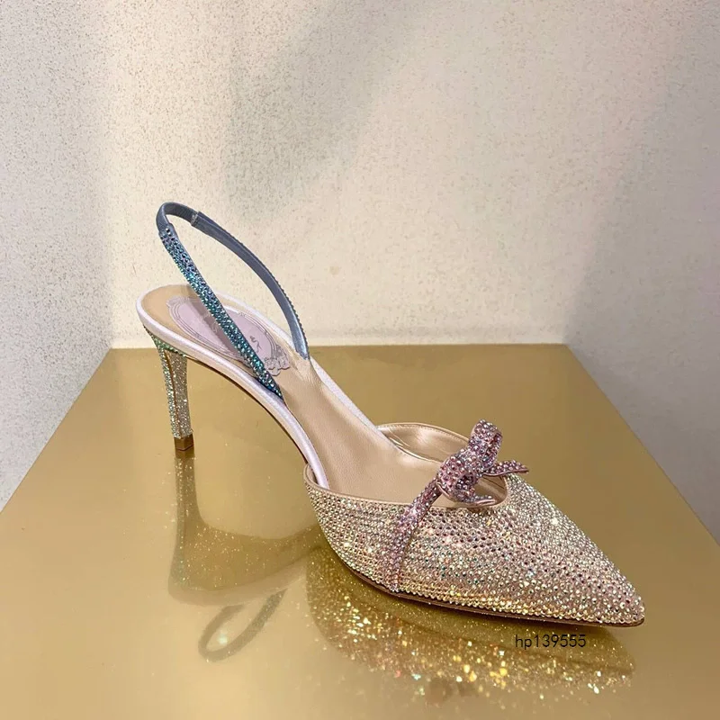 Summer new pointed toe sequined rhinestone bow strap sandals banquet dress small size thin high-heeled women's shoes