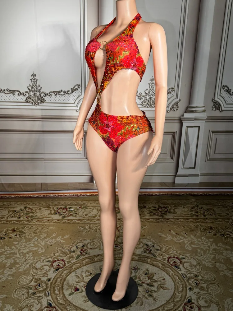European American Style Retro Printed Halter Hollow Sexy One-piece Chiffon Steel Support Bikini Summer Seaside Beach Holiday