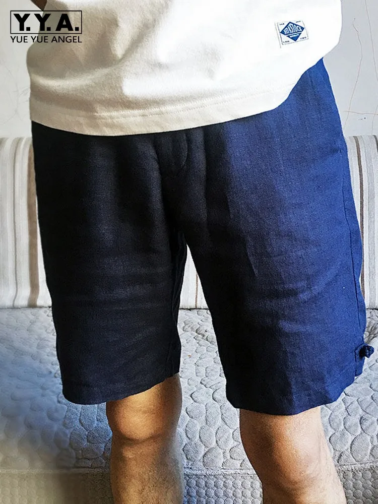 New Summer Mens Vintage Linen Knee Length Shorts Comfortable Elastic Waist Holiday Beach Shorts Casual Streetear Slim Fit Shorts