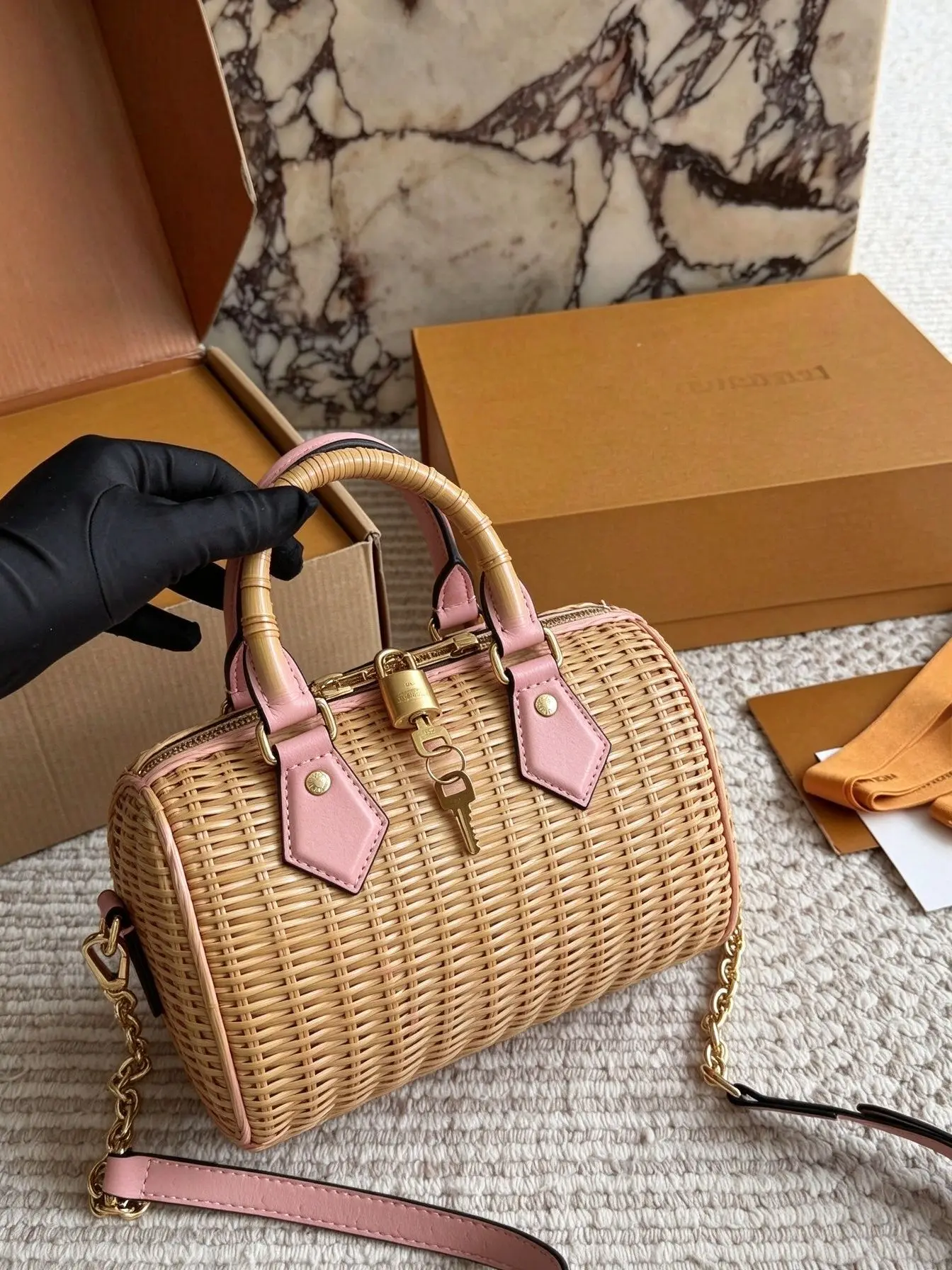 Women Natural Rattan Woven Mini Barrel Handbag Bamboo Handle Pink PU Trim Lock Design Chain Crossbody Summer Beach Wicker Purse