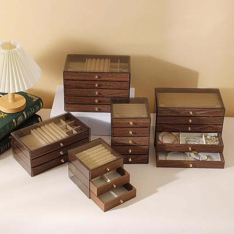 Five Layer Wood Grain Jewelry Box Multi Grid Drawer Storage Case For Earrings Rings Necklaces Bracelets Desktop Organizer
