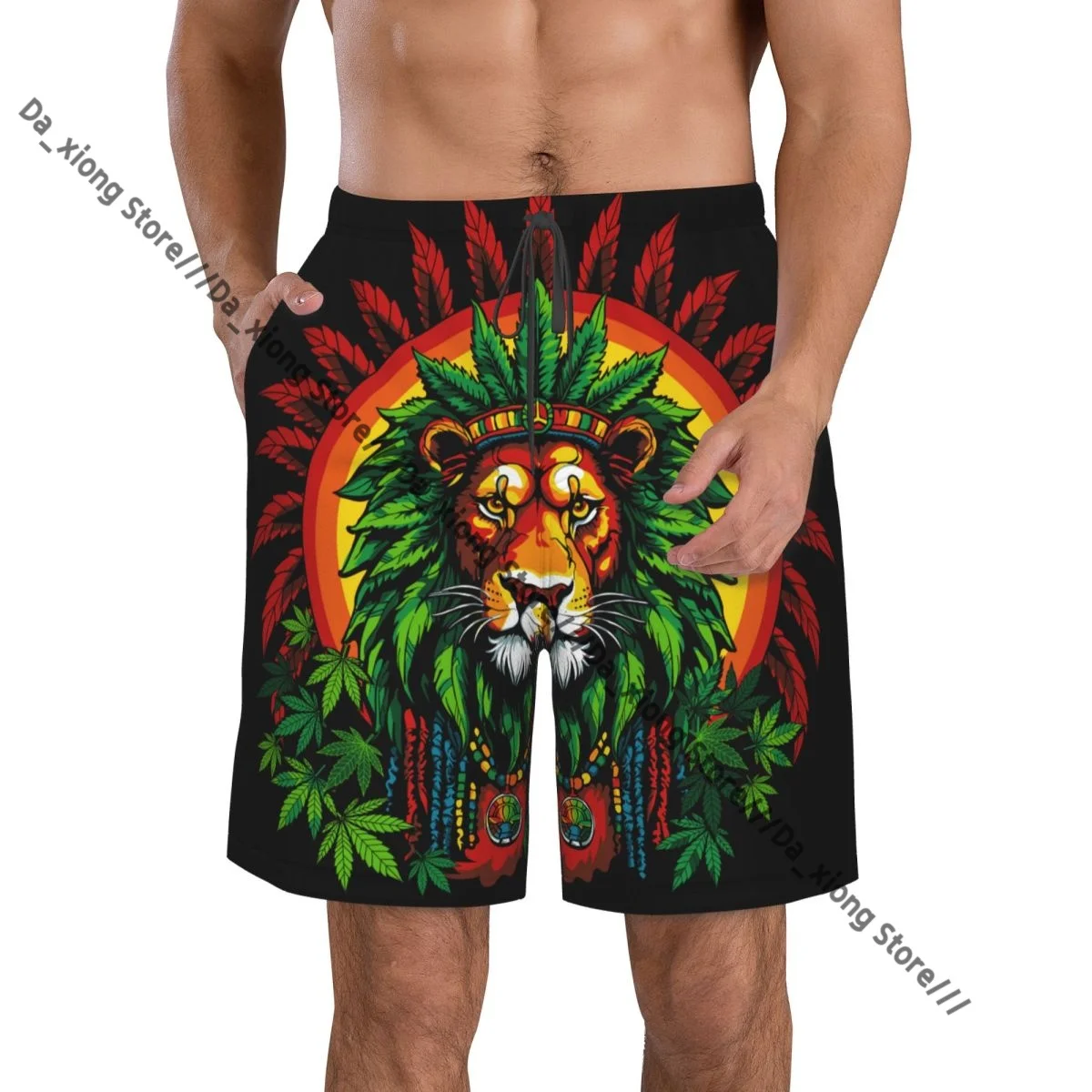 Mens Swimming Shorts Swimwear Lion With Dreadlocks Rastafarian Subculture Jamaica Trunks Swimsuit Beach Wear Boardshorts