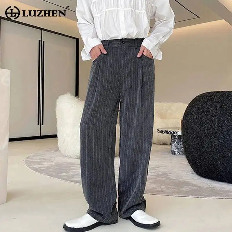 LUZHEN Printed Casual 2026 Spring Loose New Stripe Straight Pants Men's Fashion Korean Handsome Wide Leg Male Trousers JY8165