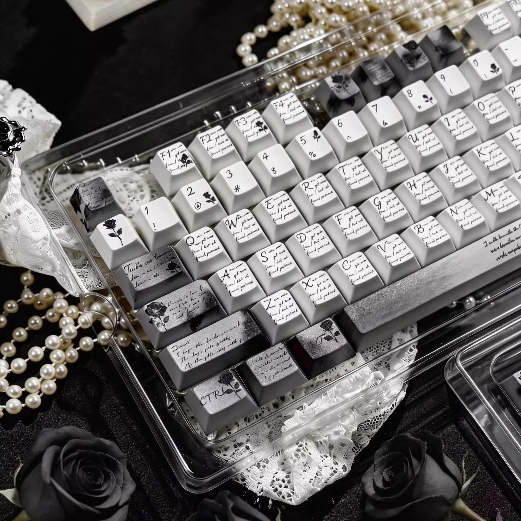 MAIMOOO Black Rose Keycaps Cherry Pbt Pc Black And White French Style Light-Transmitting Frosted Custom Keyboard Keycaps