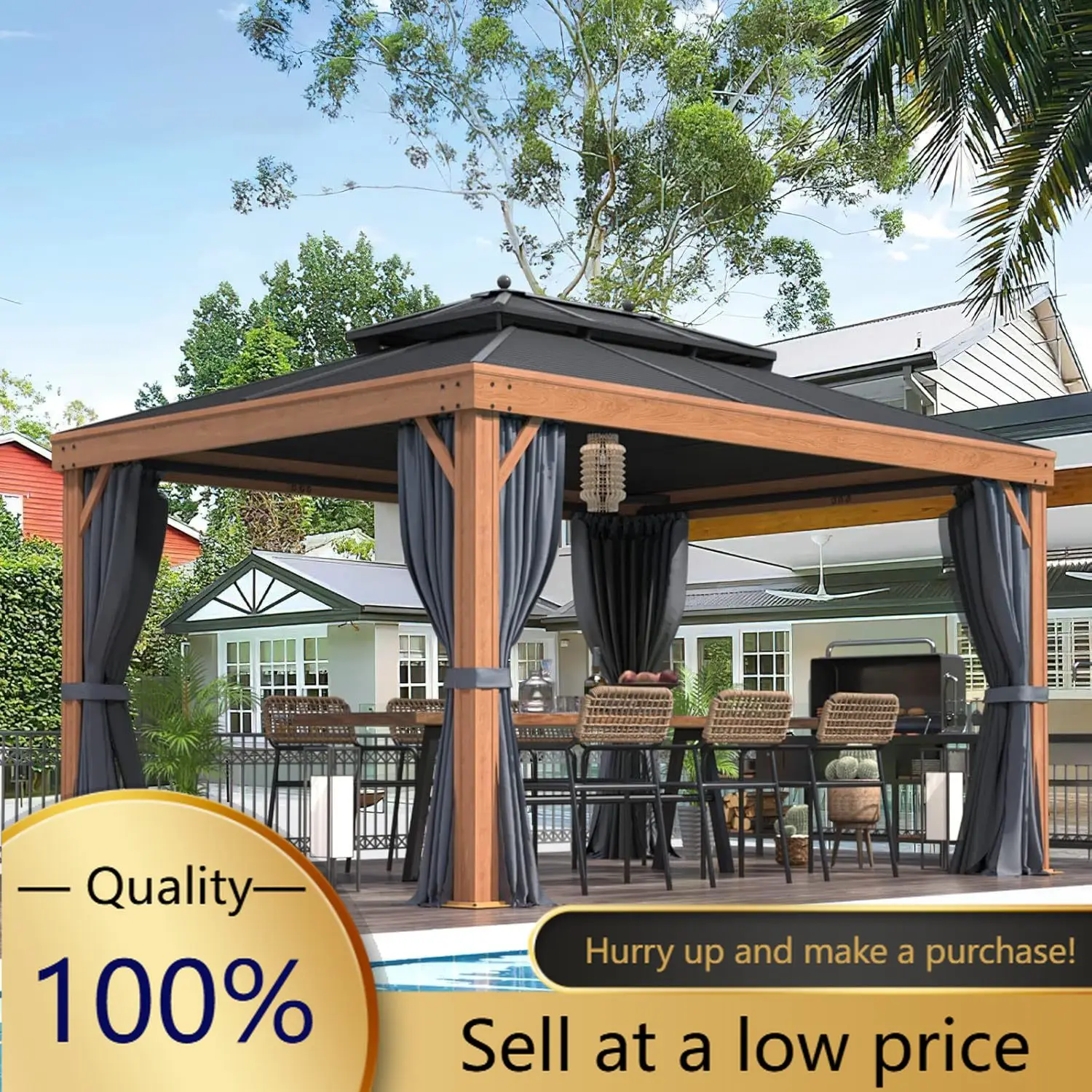 10'x13' Hardtop Gazebo Outdoor Aluminum Wood Grain Gazebos with Galvanized Steel Roof and Mosquito Net for Patios, Deck, Backyar