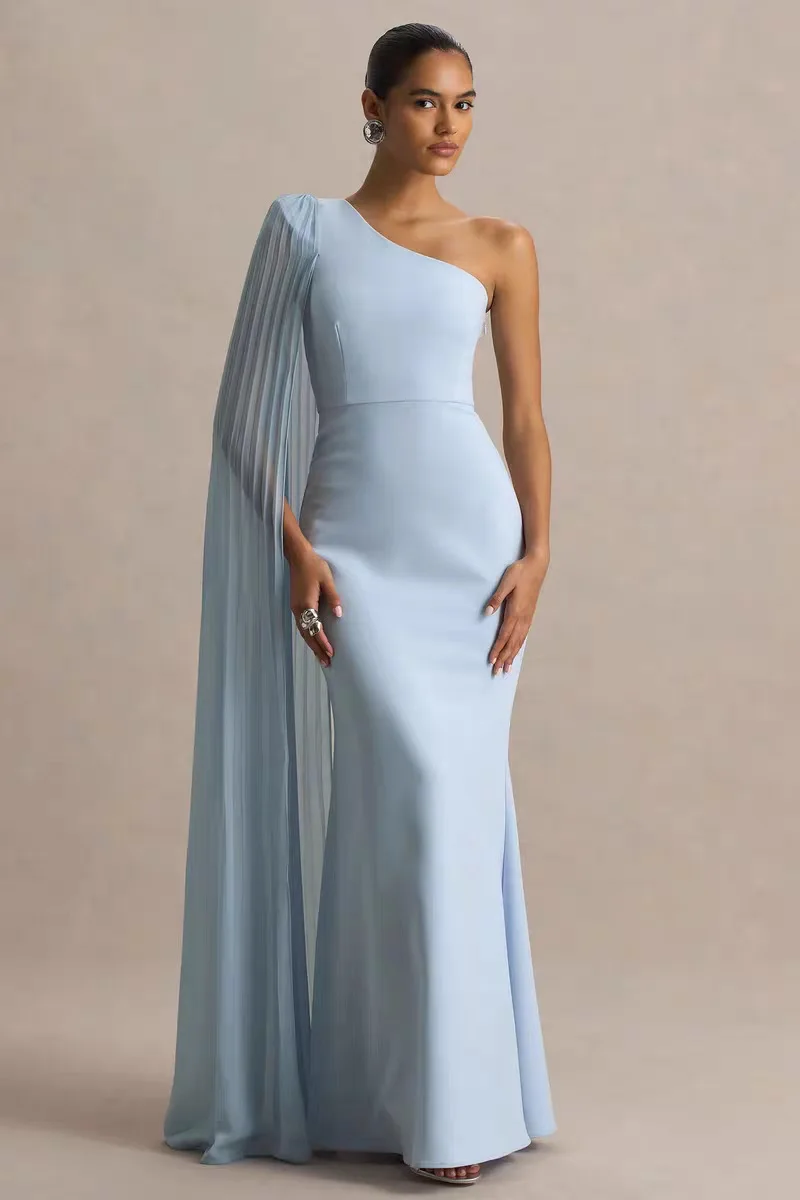 Arabic Sky Blue Evening Pageant Dress With Long Cap Sleeves One Shoulder Satin Mermaid Prom Party Gown Vestidos Robe De Soriee