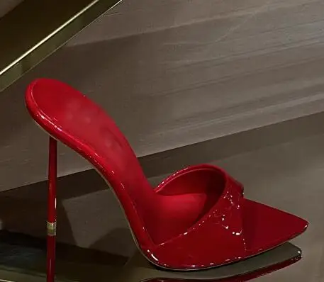 Size 33 French Style Red Black Shiny Patent Leather Pointed Open Toe High Heel Mules Women Shallow Slip On Modern Slippers Shoes