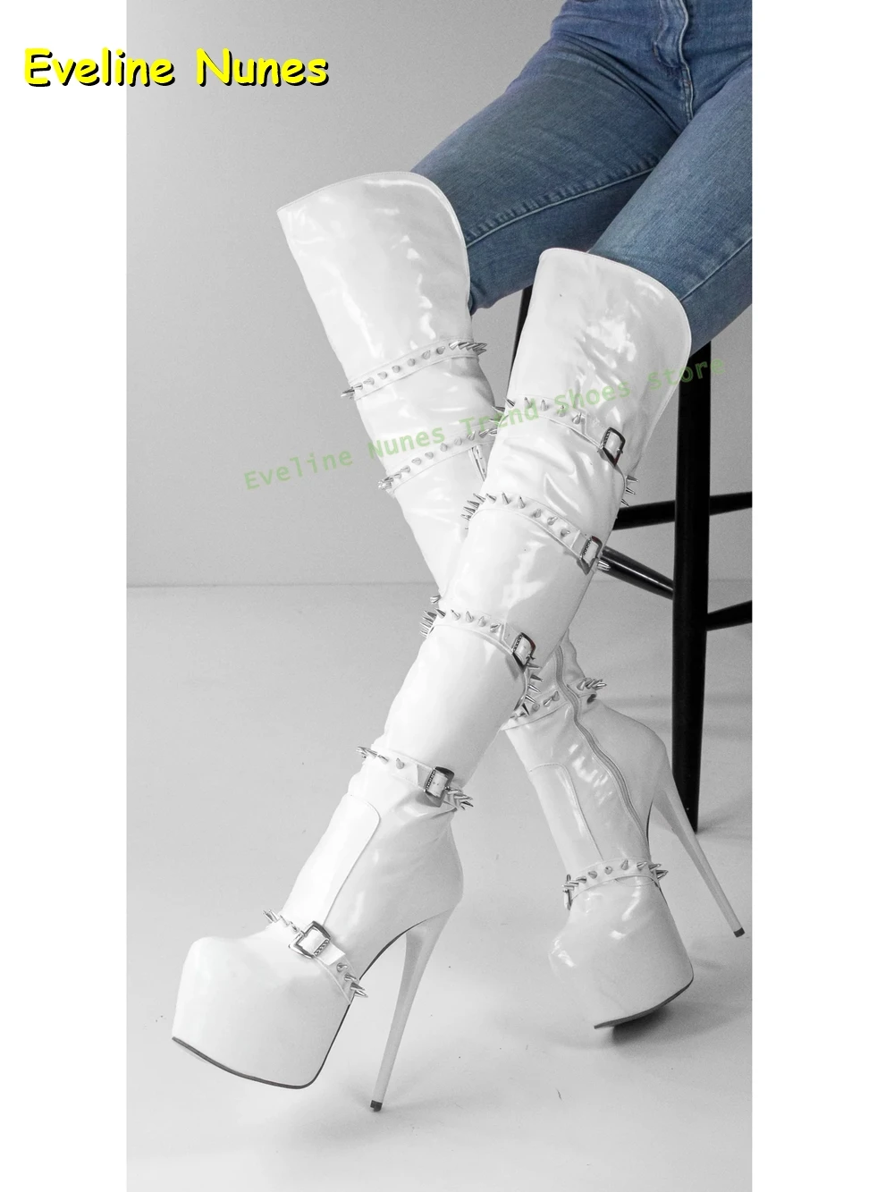 White Platform Rivet Sexy Long Boots Round Toe Stiletto Belt Buckle Spicy Girl Fashion Over The Knee High Boots Party 2025 Trend