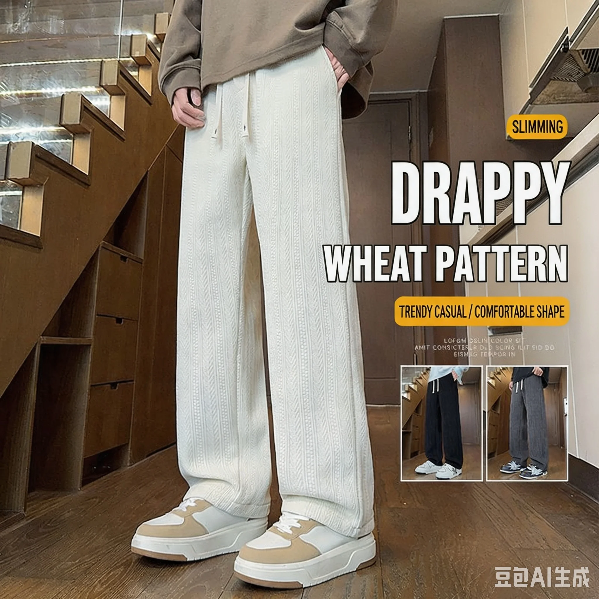 2026 New Men's 100% Polyester Knitted Wide Leg Pants Drawstring Elastic Waist Textured Straight Trousers Loose Streetwear Solid