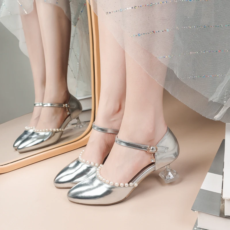 2026 Summer New Style Women's High Heel Women's Sandals Round Toe Elegant Wine Cup-shaped Heel Pearl Decoration Size 32 - 43