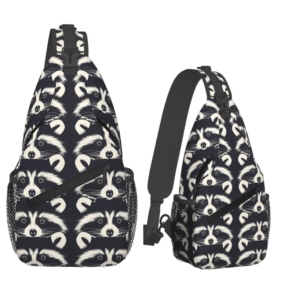 Black And White Raccoon Face Pattern Chest Bag Men Sling Crossbody Backpack Chest Bag Travel Hiking Daypack Shoulder Bag