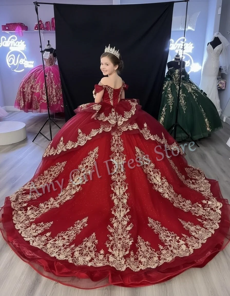 Red Flower Girl Dress For Wedding Gold Appliques Tulle Floor Length Princess Quinceanera Luxurious Birthday Prom Gown Customized