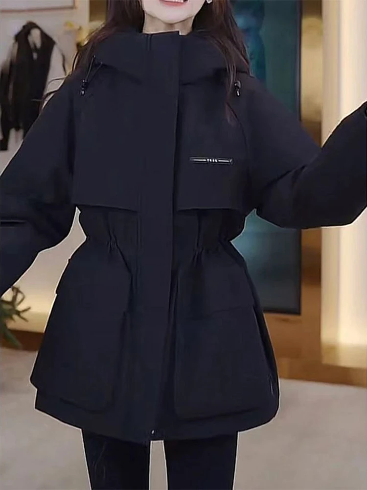 Padded Parka Women's Thickened Warm Casual Fashionable Waist-Cinching Winter Coat Zipper Closure Long Sleeve Hooded Jacket