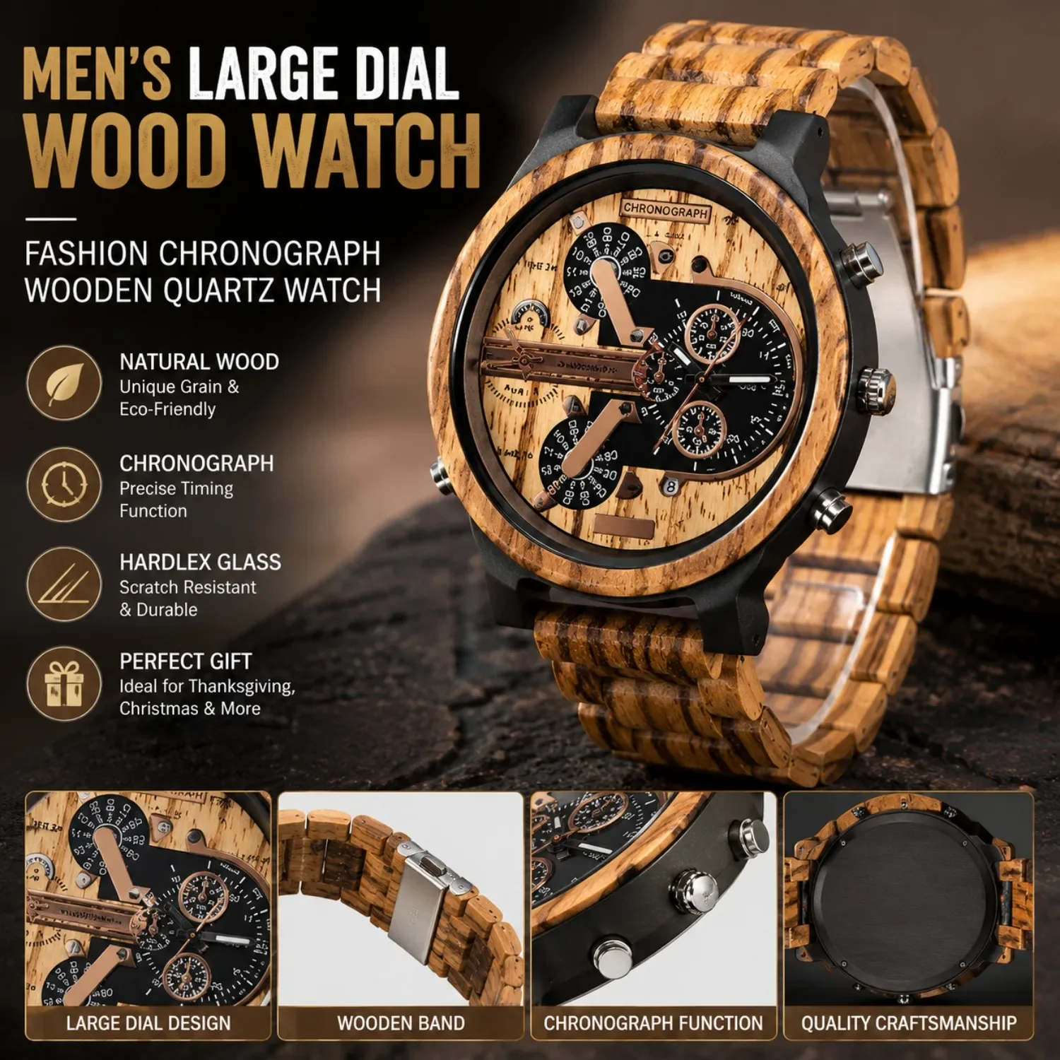 Men's Wood Watch, Large Dial Wooden Quartz Chronograph Wristwatch, Fashion Casual Watch for Business, Outdoor, Daily Wear & Gift