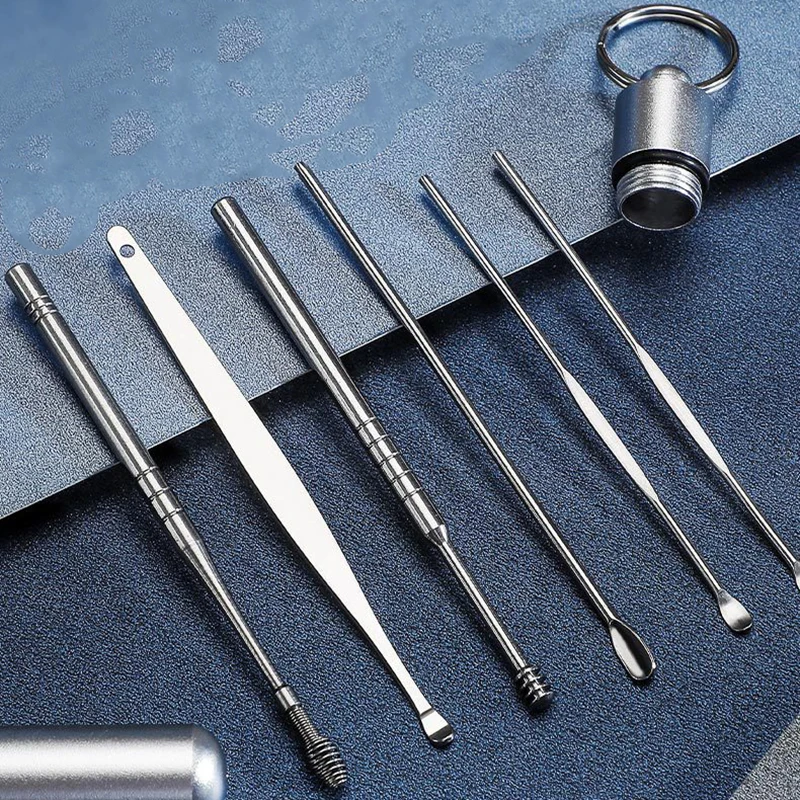 6Pcs Earspoon suit Ear-picking Tool Stainless Steel Ear-picking Spoon Leather Bag Ear-cleaning Spoon Easy to Carry at Home