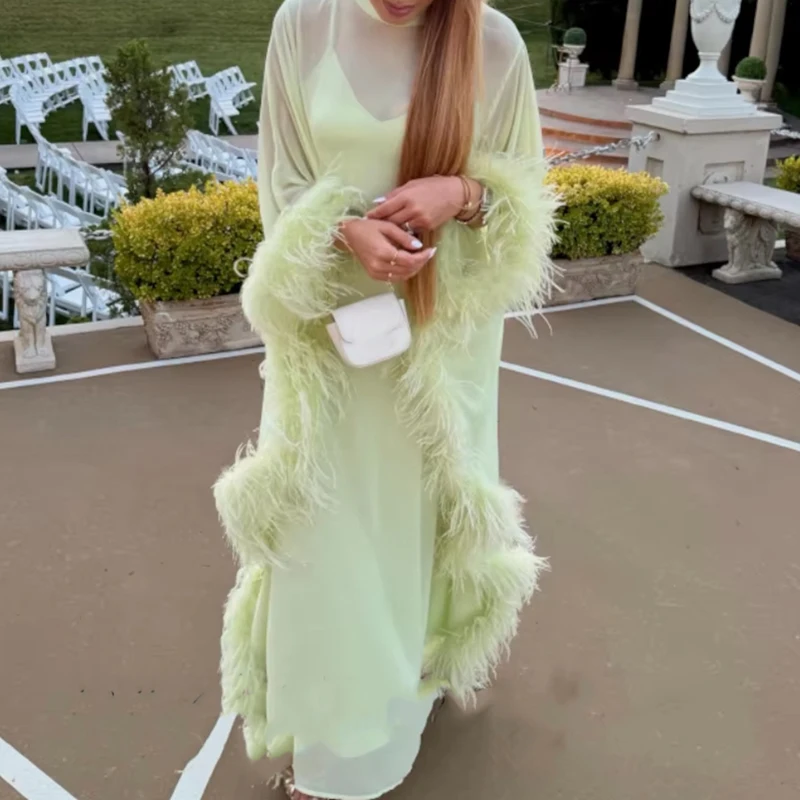 Elegant Dresses Fashion O-neck Feather Tassel Sleeve See-through Dress With Halter Vestidoes Dress Temperament Solid Loose Dress