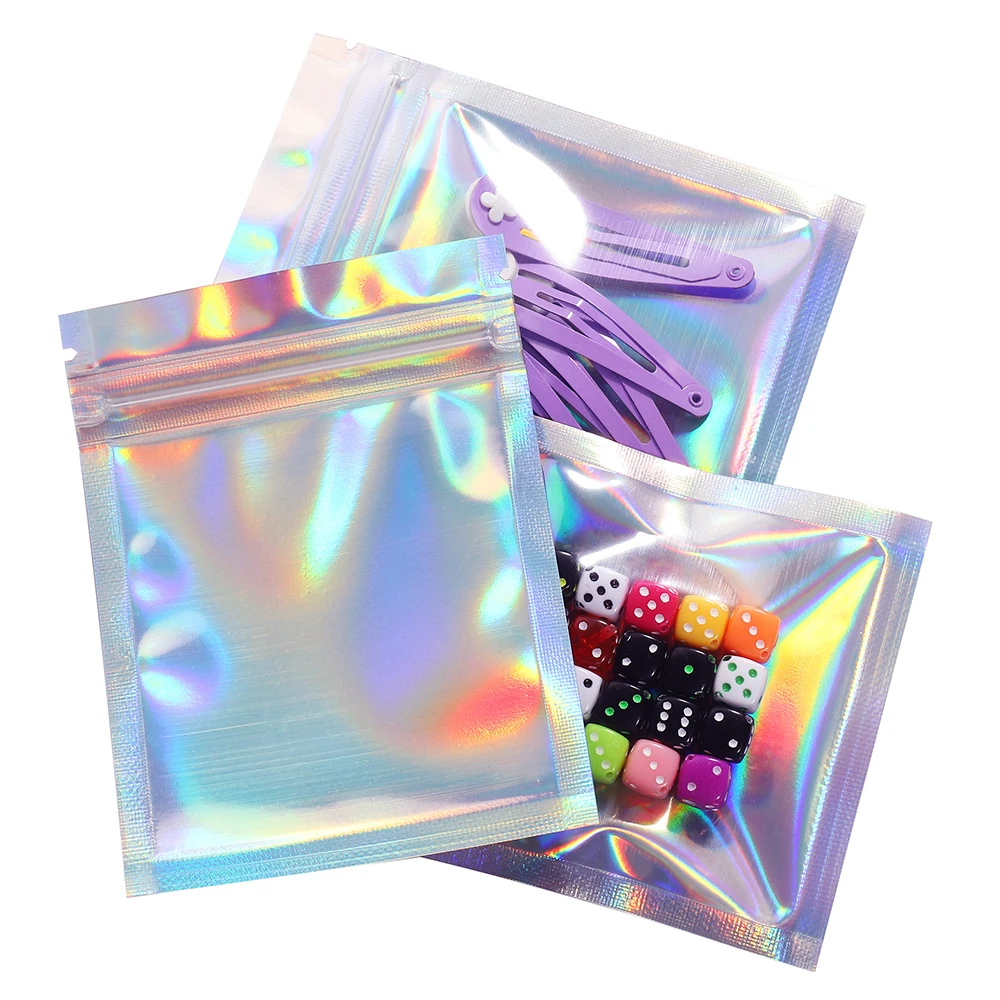 50pcs 3 Sizes Laser Thicken Plastic One Side Clear Holographic Aluminum Foil Zip Lock Bags Packaging for Handmade Jewelry