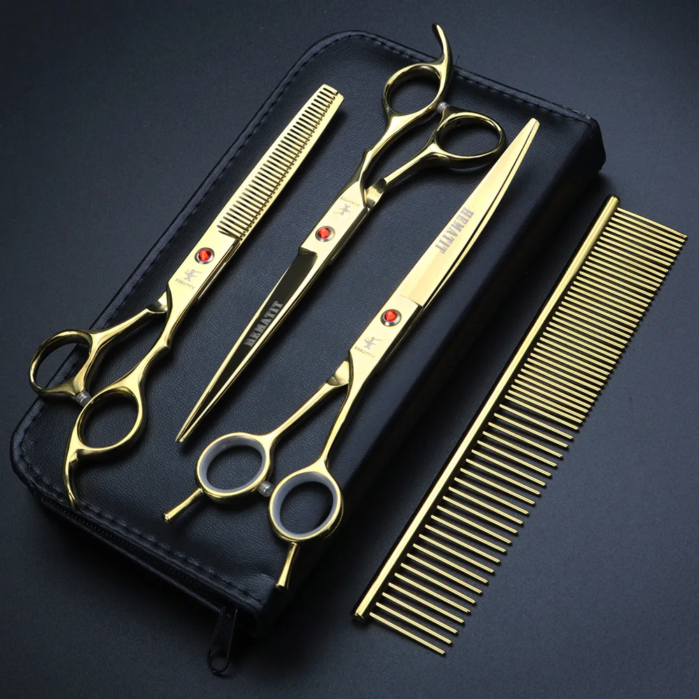 XUANFENG 7 inch Golden Hair Scissors, Pet Cutting Scissors and Thinning Scissors, including Leather Covers and Steel Combs