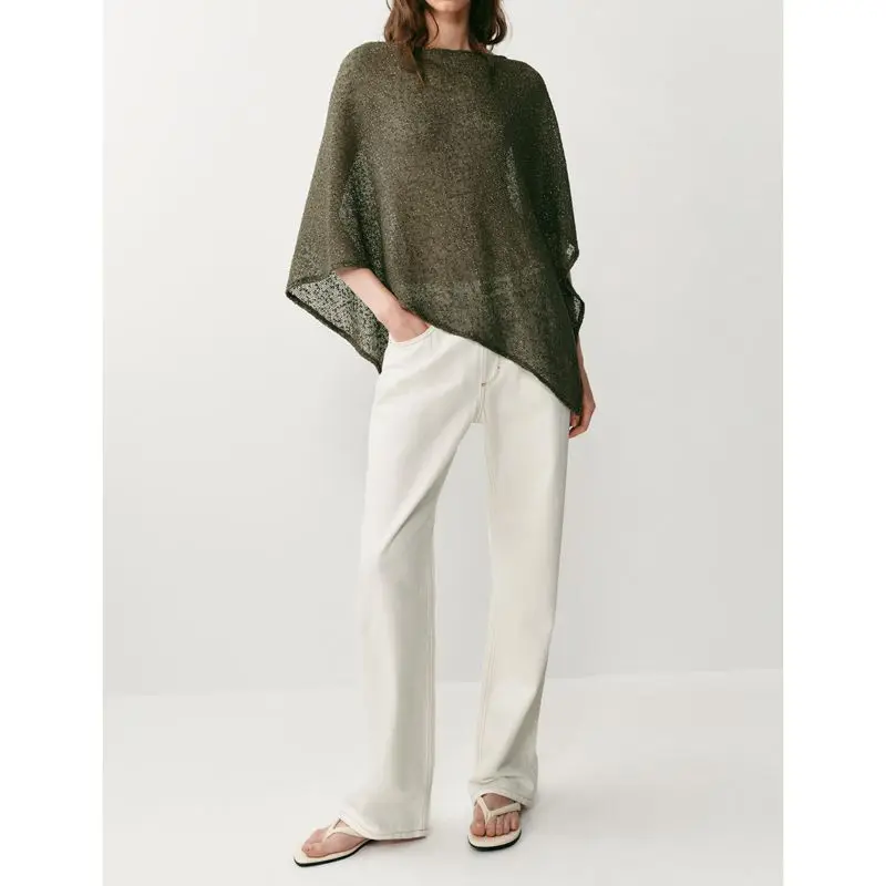 Women's Knit Shawl Wraps Elegant Sheer See-through Knitwear Irregular Hem Shimmering Cover-ups Loose Pullover Summer Beach Tops