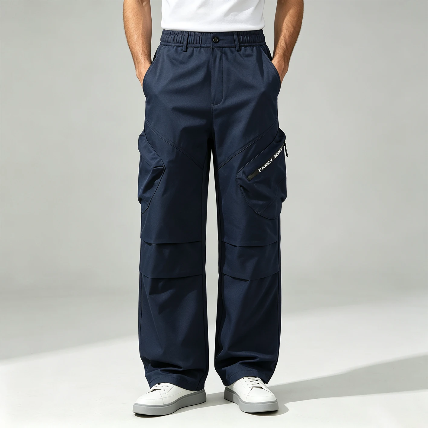 2026 Autumn Men Wide Leg Cargo Pants Asymmetric Multi Pockets Elastic Waist Loose Casual Outdoor Trousers