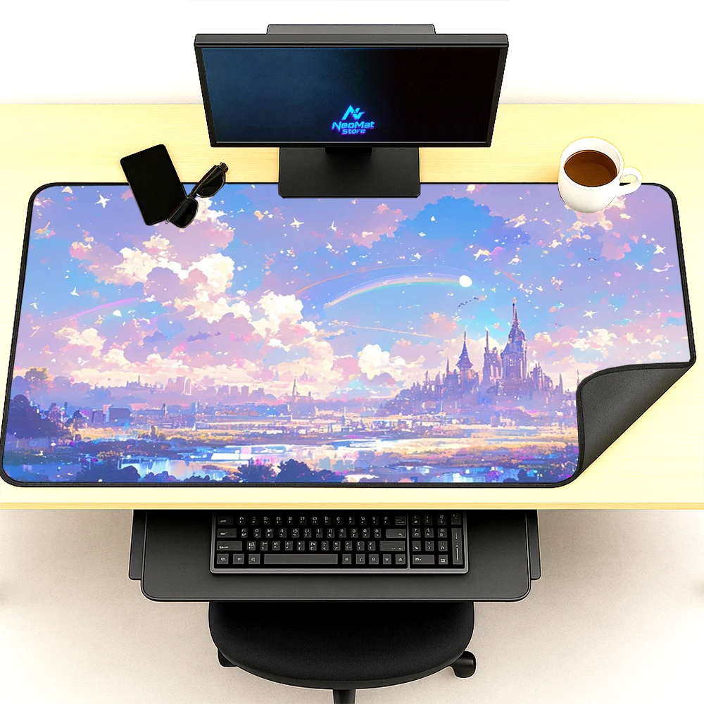Fantasy Landscape Desk Pad 1800x600 Pastel Castle Gaming Full Playmat Rainbow Computer Accessories Deskmat Mousemat