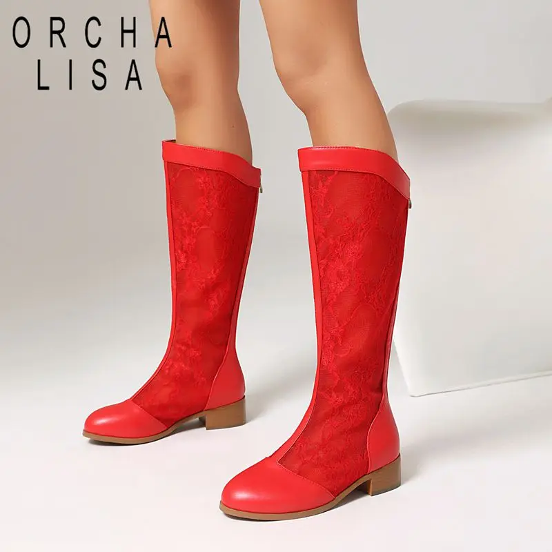 ORCHA LISA Fashion Knee High Boots Round Toe 3.5cm Block Heels Zipper Breathable Mesh Large Size 46 47 48 Dating Booties Autumn