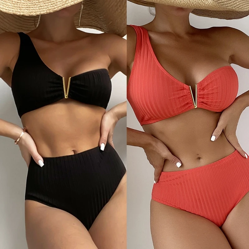 Sexy Black V Neck Bikini 2025 Women Ribbed Push Up Metal High Waist Swimsuit Summer Holiday Bathing Suit Two Piece Swimwear