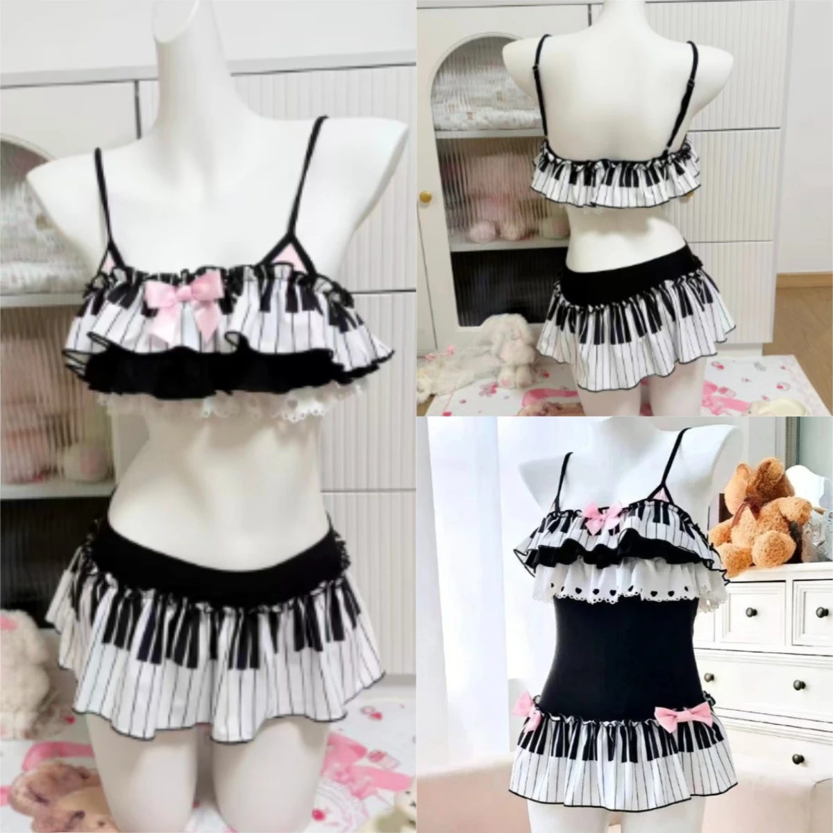Soft Ruffle Halter Printed Bikini Women Kawaii Harajuku Two Piece Swimsuit Summer Daily Beach Vacation Swimwear