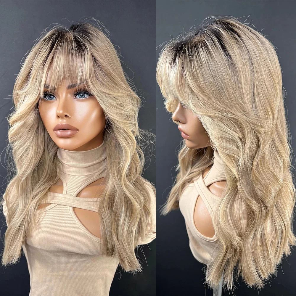 Brazilian Human Hair Lace Front Wig with Lovely Bangs Warm Blonde Highlights Wig Dark Roots Natural Wave HD Lace Wigs Glueless