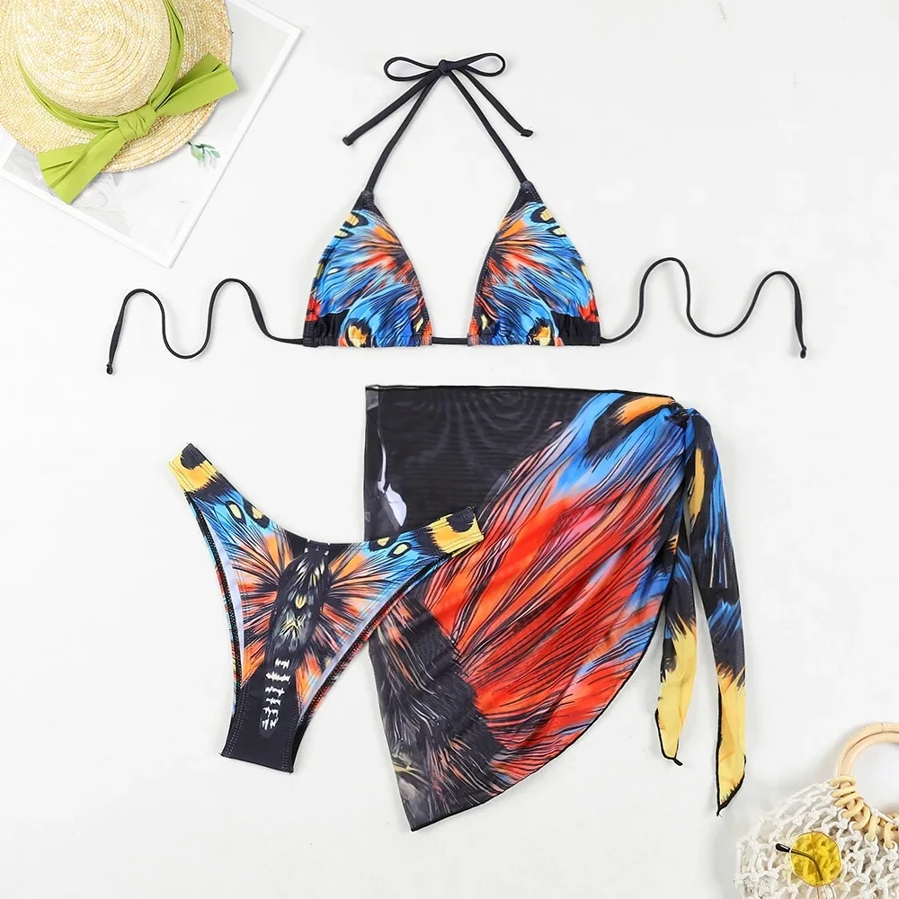 Boho 3-Piece Swimwear Set For Women - Summer Fashion Butterfly Print Split Swimwear Sexy Bikini Beach Resort Wear
