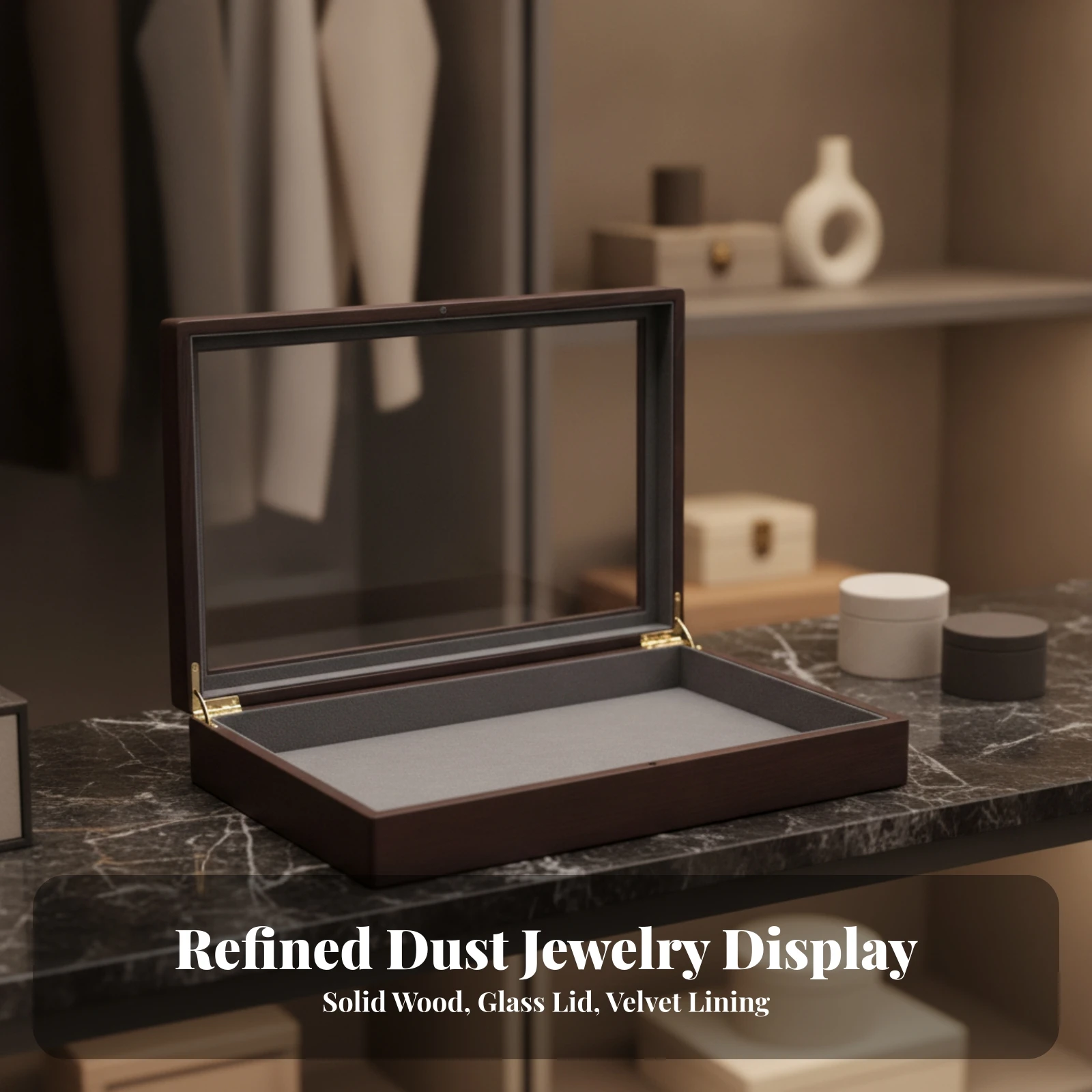 Jewelry Display Tray with Glass Lid Slim Divided Jewelry Tray with Glass Lid for Vanity, Dresser