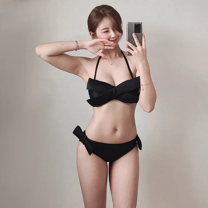 New Bikini Set Women Solid Color Big Bow Halter Top Side Bow Brief Two Piece Bathing Suit Beach Vacation Outfit